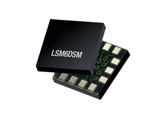 Микросхема датчика LSM6DSM, 6-осевой IMU с разрешением 16 бит, током 650 мкА и рабочим диапазоном от -40°C до 85°C